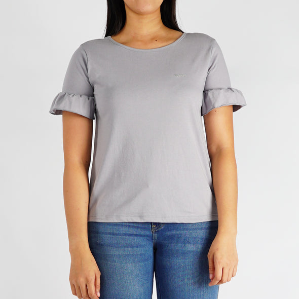 RRJ Basic Tees for Ladies Slim Fitting Ribbed Fabric Trendy fashion Casual Top Gray Tees for Ladies 141023 (Gray)