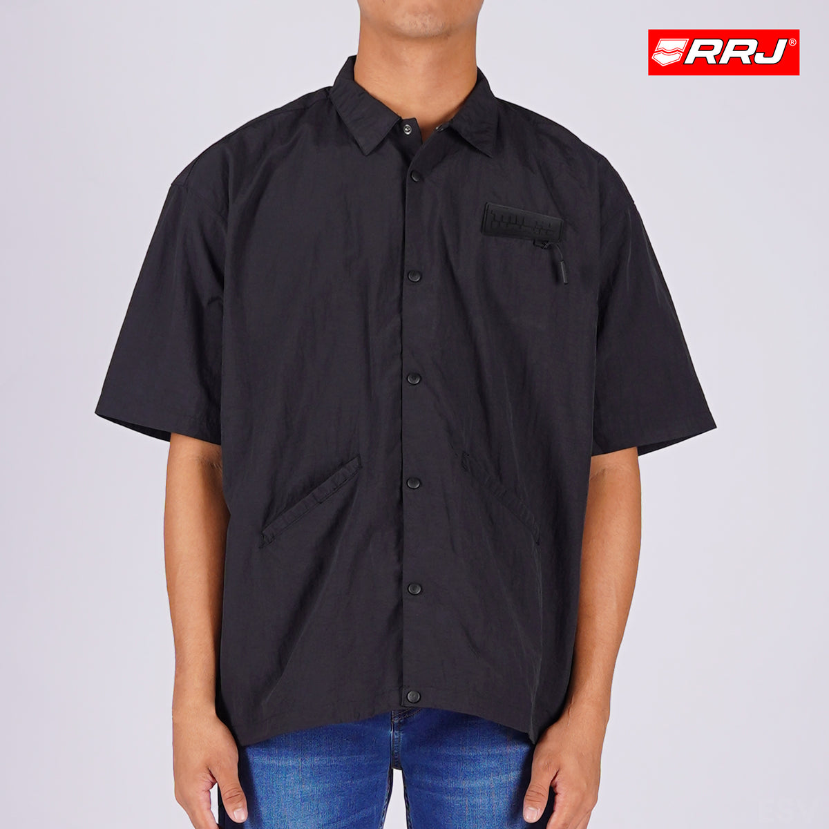 RRJ Men's Basic Woven Shirt Boxy Fitting Taslan Fabric 160614 (Black ...
