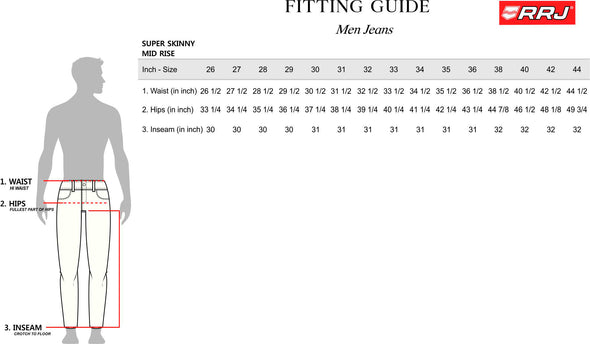 RRJ Men's Basic Denim Pants Superskinny Fitting Mid-Rise Extreme with Details Fabric 172578 (Light Shade)