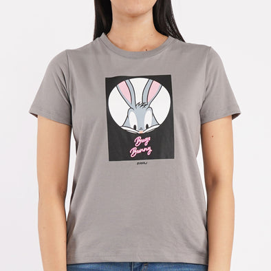 RRJ X Looney Tunes Bugs Bunny Graphic Tees for Ladies Boxy Fitting Shirt CVC Jersey Fabric Trendy fashion Casual Top Gray T-shirt for Ladies 136652-U (Gray)
