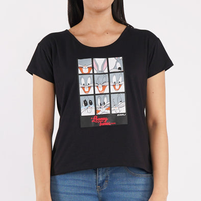 RRJ X Looney Tunes Bugs Bunny Expressions Tees for Ladies Boxy Fitting Shirt CVC Jersey Fabric Trendy fashion Casual Top Black T-shirt for Ladies 136667-U (Black)