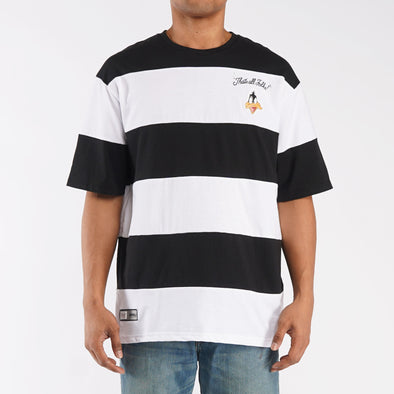 RRJ X Looney Tunes Daffy Duck Tees for Men Oversized Fitting With Stripes Shirt Cotton Fabric Comfortable to Wear Fashionable Trendy fashion Short Sleeve Round Neck Top Tee Shirts for Men 132362 (Black)