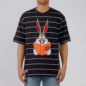 RRJ X Looney Tunes Stripes Graphic Tees for Men Oversized Fitting With Stripes Shirt Cotton Fabric Comfortable to Wear Fashionable Trendy fashion Short Sleeve Round Neck Top Tee Shirts for Men 132328 (Black)