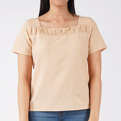 RRJ Ladies' Modified Woven Boxy Fitting Blouse Rayon Fabric Trendy fashion Casual Top Beige Woven Blouse for Ladies 139633 (Beige)