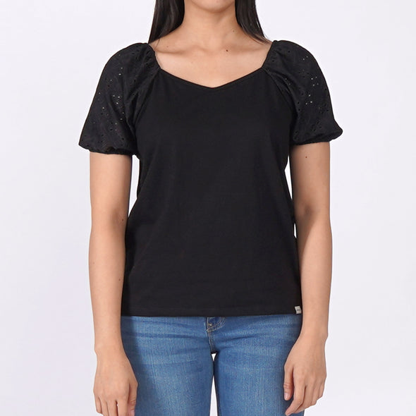 RRJ Basic Tees for Ladies Boxy Fitting Ribbed Fabric Trendy fashion Casual Top Black Tees for Ladies 147843 (Black)