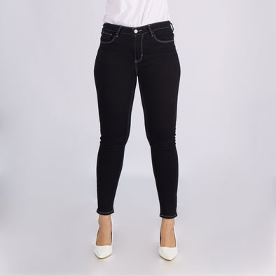 RRJ Ladies Basic Denim Stretchable Hi Waist Pants Super skinny fitting Trendy fashion Casual Bottoms Black Denim Pants for Ladies 150822-U (Black)